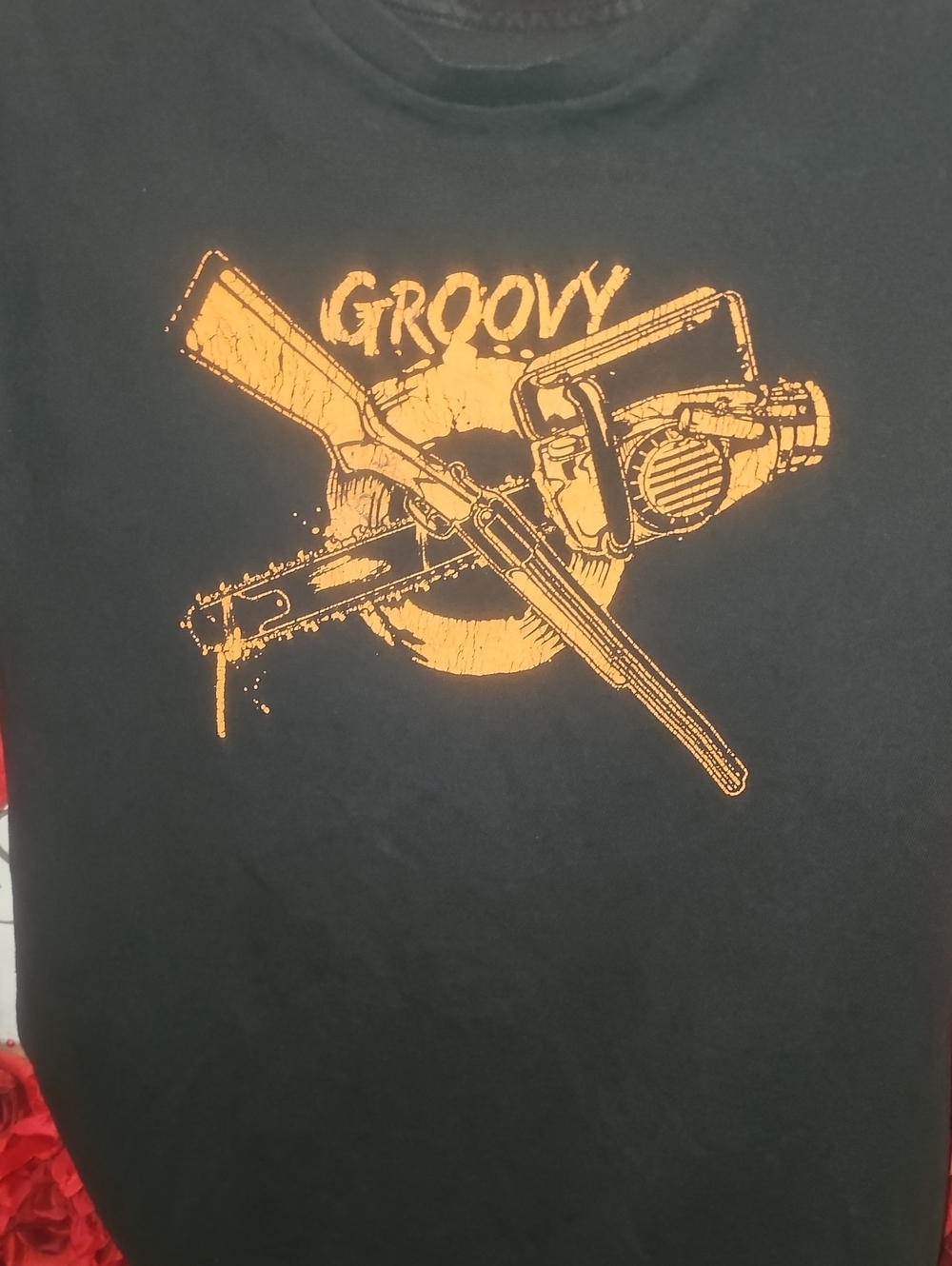 Men's  Black.Graphic Tee - Black with Orange Print Size Medium (No Size Tag)